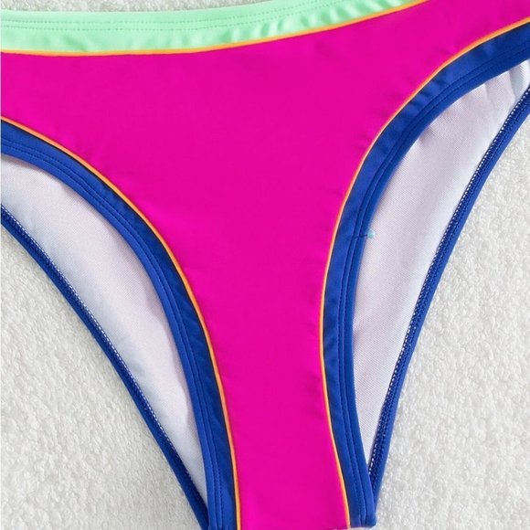 Womens Colorblock Contrast Binding Push Up Halter Bra & Bikini bottom Bikini Set - Picture 4 of 5